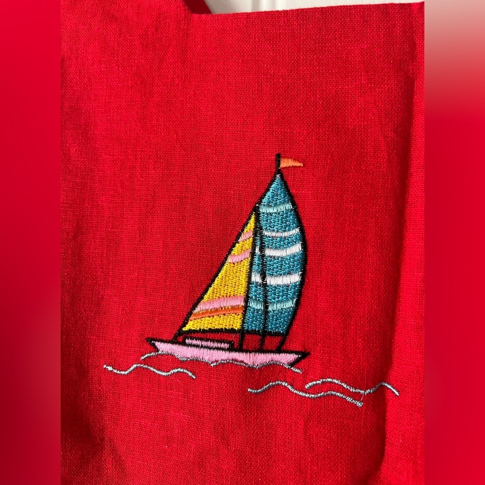 Vintage Ultra Red Sailboat Embroidered Linen Blend Sheath Dress Women’s Size 14 - Picture 9 of 14
